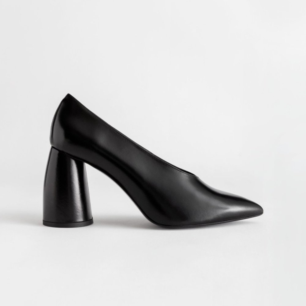 & Other Stories black leather flared chunky block heel pointed toe pumps heels